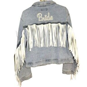 NewW tags BRIDE Denim L Jean Jacket fringe bachelorette party wedding honeymoon